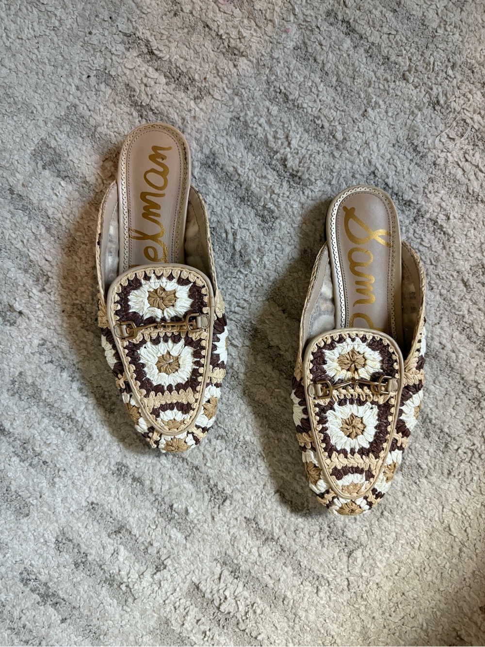Sam Edelman Cream, Brown & Tan Crochet Backless Loafers